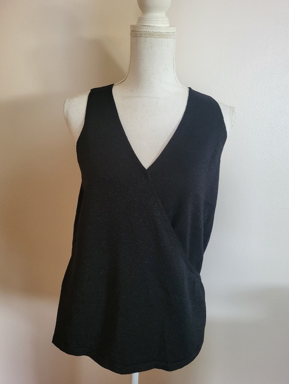 Anthropologie John + Jenn Metallic Surplice Top Black Size Large NWOT